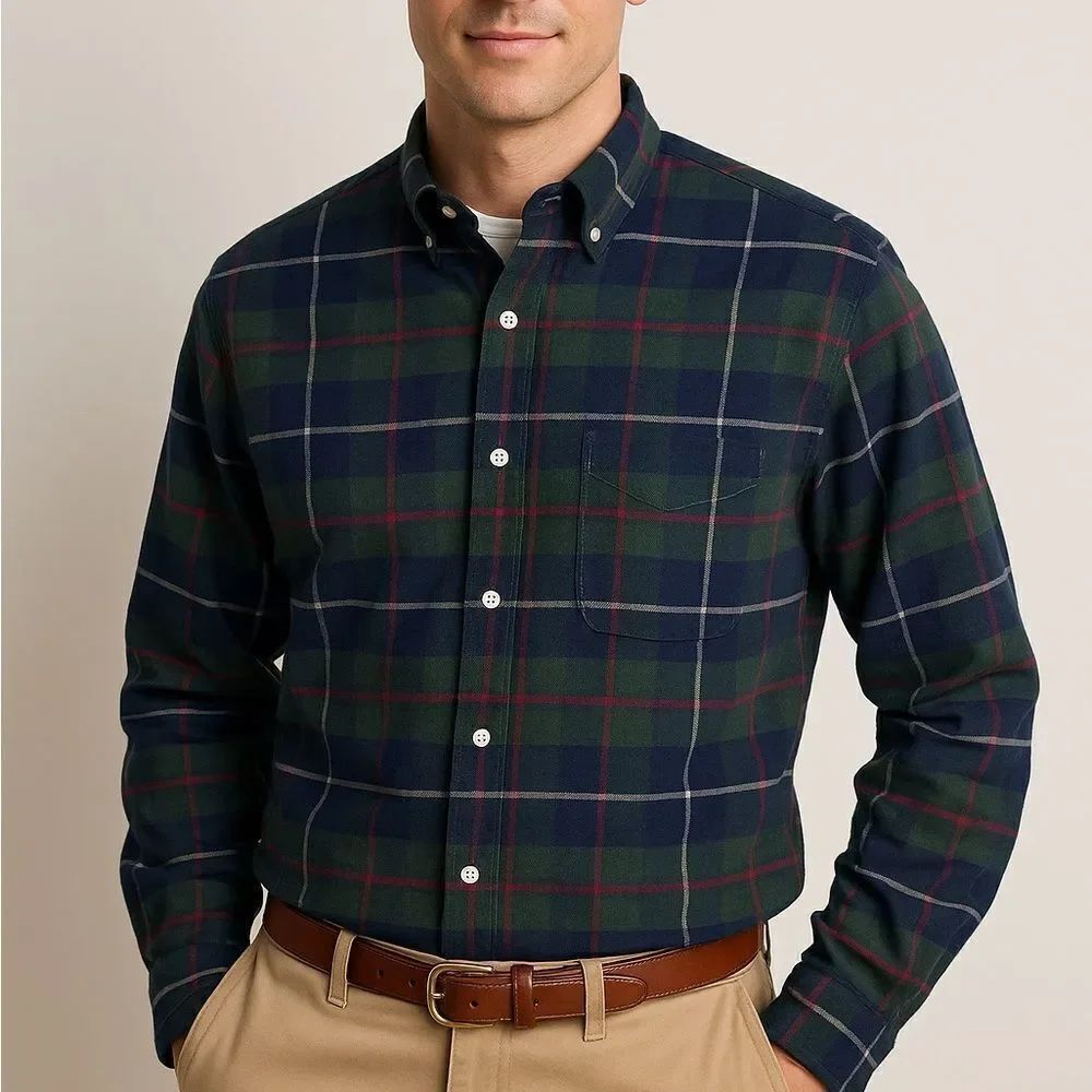 L.L.Bean ODM XL Tall Men’s Green Navy Plaid Button Down Shirt Vintage Classic 90